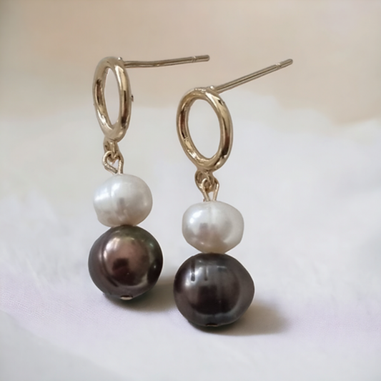 עגילי פנינים חומות , עגילי זהב עם פנינים