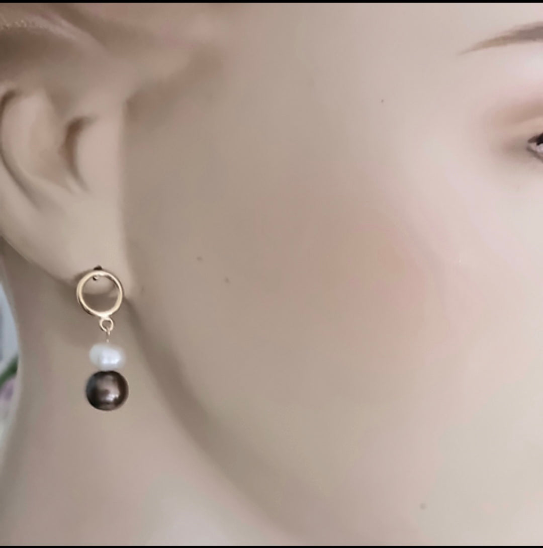 עגילי פנינים חומות , עגילי זהב עם פנינים