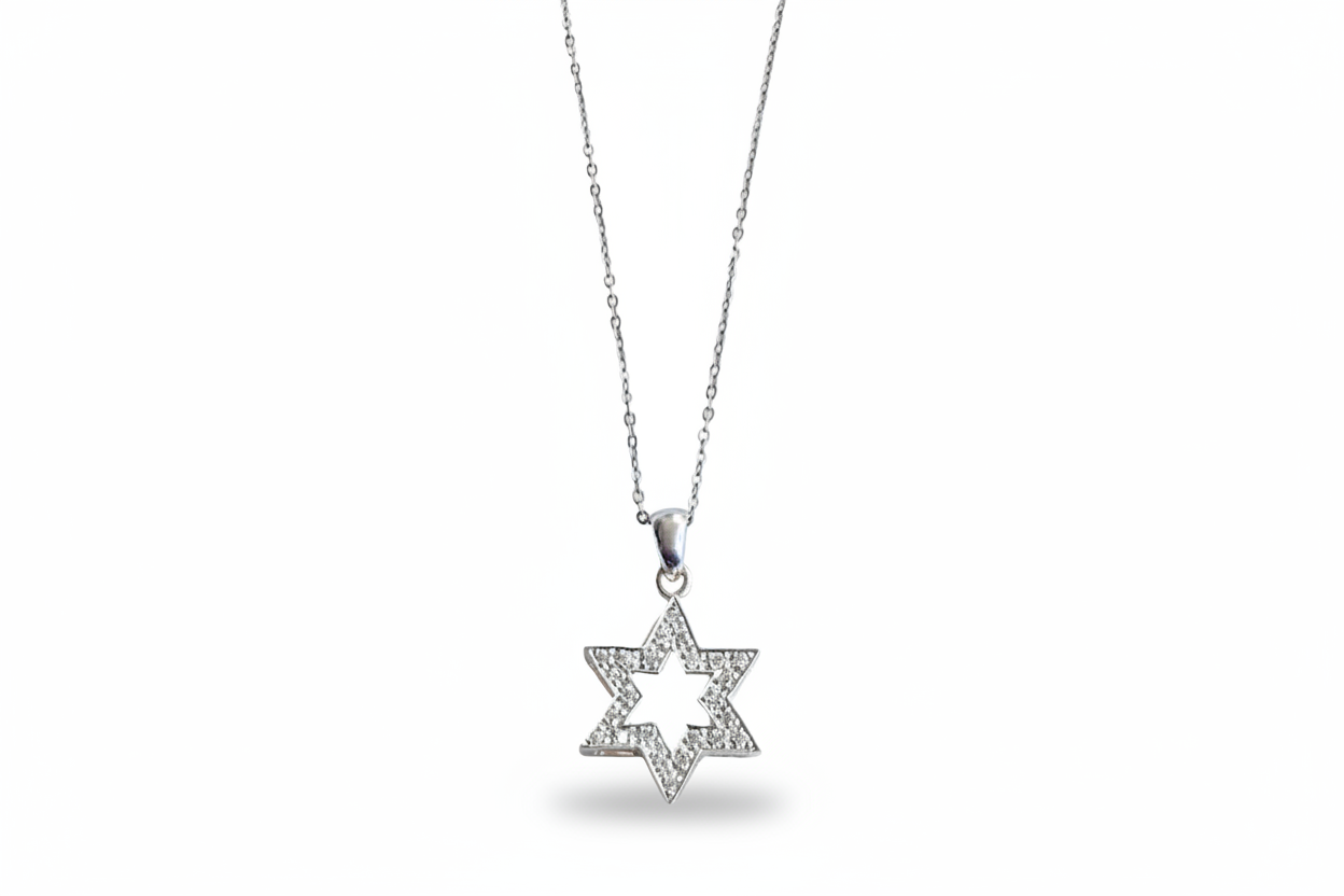 שרשרת מגן דוד כסף , תליון מגן דוד משובץ