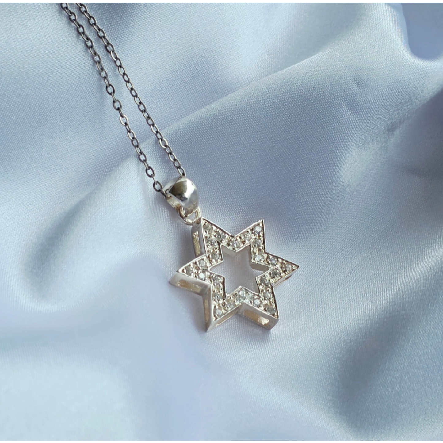 שרשרת מגן דוד כסף , תליון מגן דוד משובץ