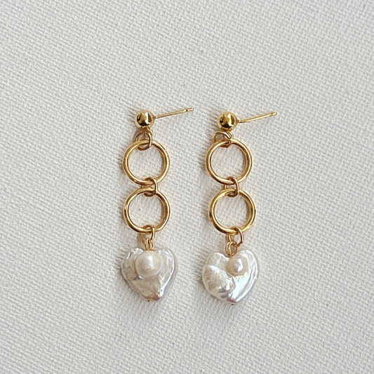 עגילי חישוקים עם פנינים , עגילי זהב ים לב